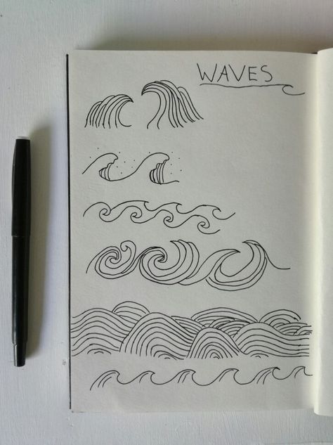 Croquis, Drawing Ocean Waves, How To Draw A Surfer On A Wave, Waves Journal Ideas, Wave Doodle Art, Drawing Waves Simple, Sea Doodles Waves, Painting On Journal Cover, Wave Doodle Simple