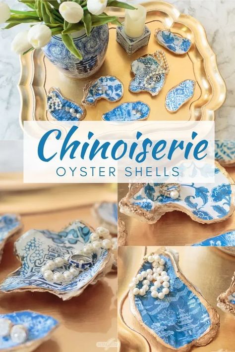 Learn how to make gorgeous chinoiserie chic oyster shells that you can use as jewelry dishes, place cards, salt cellars, trinket bowls, wedding decor and more. In fact, you might want to order a big plate of Oysters Rockefeller once you can see all the beautiful crafts you can make with oyster shells. Seashell Artwork, Oysters Rockefeller, Jewelry Dishes, Oyster Shell Crafts, Shells Diy, Sharpie Crafts, Beautiful Crafts, Shell Candles, Blue And White Chinoiserie