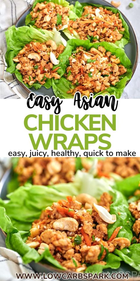 These Asian chicken lettuce wraps are full of juicy ground chicken and crunchy veggies, all wrapped in a crisp piece of lettuce. They hit the perfect balance of sweet, savory, and spicy. Plus, they’re ready in just 20 minutes. They're easy, healthy, and might just become your new favorite meal. Asian Ground Chicken Lettuce Wraps, Healthy Lettuce Wraps, Easy Chicken Wrap, Easy Chicken Lettuce Wraps, Asian Chicken Wraps, Thai Lettuce Wraps, Thai Chicken Lettuce Wraps, Wraps Recipes Easy, Easy Lettuce Wraps