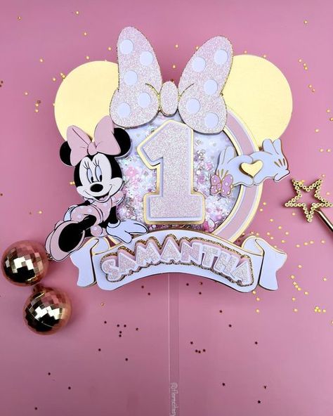 Rosita | on Instagram: "We’ve reached the end of this cute custom party package 🎀 Light pink and gold Minnie Cake topper #caketoppers #caketopperideas #firstbirthday" Minnie Mouse 3d Cake Topper, Minnie Golden, Minnie Cake Topper, Mickey Mouse Cake Topper, Mini Mouse Cake, Minnie Mouse Cake Topper, 1 Cake Topper, Minnie Mouse Theme Party, Minnie Mouse Birthday Decorations