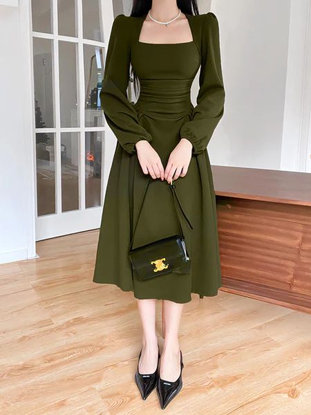 Green Puff Sleeve Midi Hem Dress – Ncocon Midi Outfits, Vintage Green Dress, Green Satin Dress, Outing Outfit, Plunge Neckline, Green Midi Dress, Long Sleeve Midi, Green Satin, Long Sleeve Midi Dress