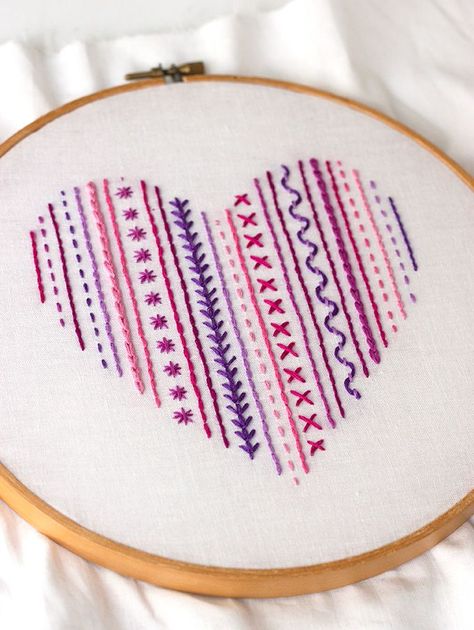 DIY: Heart Embroidery Sampler (For Beginners) Crewel Embroidery, Silk Ribbon Embroidery, Diy Broderie, Embroidery Sampler, Pola Sulam, 자수 디자인, Learn Embroidery, Simple Embroidery, Sewing Embroidery Designs