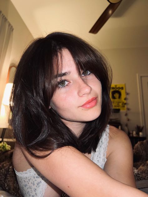 dark brown hair, straight medium length, curtain hair with layers inspo aesthetic, grunge, 2022 haircut inspiration, soft bangs, wispy curtain bangs, selfie pose inspo, instagram inspo, 60s shag, 70s shag, fringe curtain bangs Dark Hair With Bangs Aesthetic, Shoulder Length Hair Straight With Curtain Bangs, Wispy Curtain Bangs And Layers, Short Hair With Soft Bangs, Dark Brown Hair With Layers And Bangs, Short Hair Inspo Curtain Bangs, Cute Brown Haircuts, Dark Brown Hair And Curtain Bangs, Short Layered Haircuts Shag