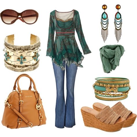 Bohemian on the go, created by erszi Boho Polyvore Outfits, Look Boho Chic Elegante, Nina Proudman, Pyramid Collection, Look Boho Chic, Boho Chique, Brown Denim, Basket Crochet, The Whoot