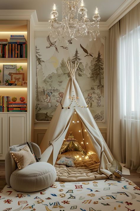 Magical Children's Room Makeover: Cozy Play Tent & Whimsical Decor! Rich Playroom, Enchanted Forest Toddler Room, Storybook Playroom, Fairytale Playroom, Room Makeover Cozy, Sophisticated Playroom, Fairy Bedroom Ideas For Kids, Toddler Reading Nook, Cool Playroom Ideas