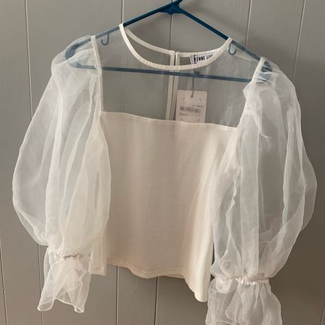 White Puff Sleeve - This Fits Like A Small Meringue, Mesh Sleeve Top, Lemon Meringue, Mesh Sleeves, White Mesh, White Tops, Puff Sleeve, A Small, Sleeve Top