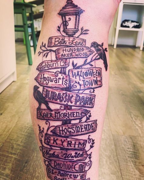 Ink line work black and white signpost Fandom Sleeve Tattoo, Fandom Tattoo Sleeve, Geek Tattoo Sleeve, Jurassic Park Tattoo Ideas, Jurassic World Tattoo, Jurassic Tattoo, Jurrasic Park Tattoo, Jurassic Park Tattoos, Harry Potter Half Sleeve Tattoo