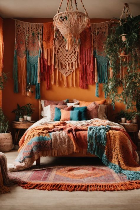 Embark on a tranquil retreat in this warm Bohemian bedroom haven. The rich earthy tones playfully intertwine with whimsical textures, creating a cozy ambiance. Amidst amber walls, the lush bed invites rest, adorned with multicolored fabric layers. Crochet drapes and rustic wooden touches encapsulate boho chic elegance. Abundant potted greens interspersed across the room inject a lively essence. Large Bohemian Bedroom, Rust Orange And Sage Green Bedroom, Boho Bedroom Accessories, Colorful Boho Interior, Crochet Drapes, Amber Walls, Orange And Green Room, Cozy Colorful Bedroom, Moroccan Bedroom Decor