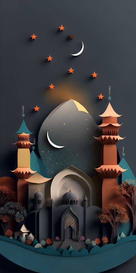 multi layered and multi dimensional paper cut craft, paper illustration, paper quilling, 3D, A colorful vector illustration of a mosque with a crescent moon and stars in the night sky, Eid Mubarak greeting card design on a black background, muslim eid al fitr festivity, festive and cheerful design with confetti and balloons, fractals, beautiful color grade, magical mystical scenic paper quilling landscape, DMT, 32k, 16k, Ultimate Perfect Beautiful Epic Composition, Extremely-Detailed, Intricate Eid Arts And Crafts, Eid Mubarak 2024 Design, Eid Wallpaper Backgrounds, Eid Mubarak Background Hd, Eid Background Wallpapers, Paper Quilling Landscape, Eid Mubarak 2024, Eid Fitr Design, Eid Al-fitr