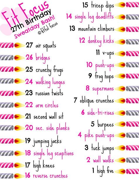 27th Birthday Sweatday Workout (via Bloglovin.com ) Birthday Workout Ideas, Birthday Workout, My 27th Birthday, Emom Workout, Workout Hiit, Birthday Presents For Men, Oblique Crunches, Arm Circles, Tricep Dips