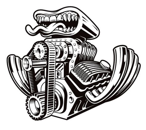 A black and white cartoon hot rod engine illustration isolated on a dark background Engine Illustration, Piston Tattoo, Hot Rod Tattoo, Engine Tattoo, Wheel Tattoo, Car Part Art, Rose Drawing Tattoo, Mechanic Tattoo, Rockabilly Art