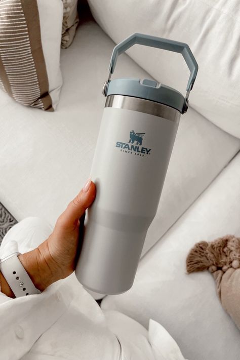 Grey and Blue Steel Stanley Mug Tumbler in first photo. Gray and tan Steel Stanley Mug in second photo. Stanley Iceflow Tumbler, Future Accessories, Knowledge Aesthetic, Stanley Water Bottle, Stanley Iceflow, Coffee Flask, Christmas Lists, Trendy Water Bottles, Girls Cup