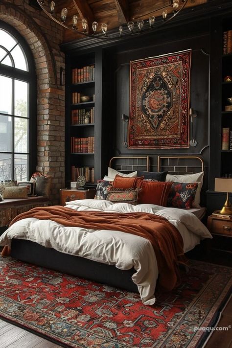 Dark Academia Bedroom Ideas for a Timeless Aesthetic - Puqqu Masculine Aesthetic Interior Design, Masculine Green Bedroom, Cozy Masculine Bedroom, Boho Academia Aesthetic, Modern Rustic Decor Bedroom, Black And Wood Bedroom, Earthy Bedrooms, Academia Bedroom Ideas, Masculine Boho Bedroom