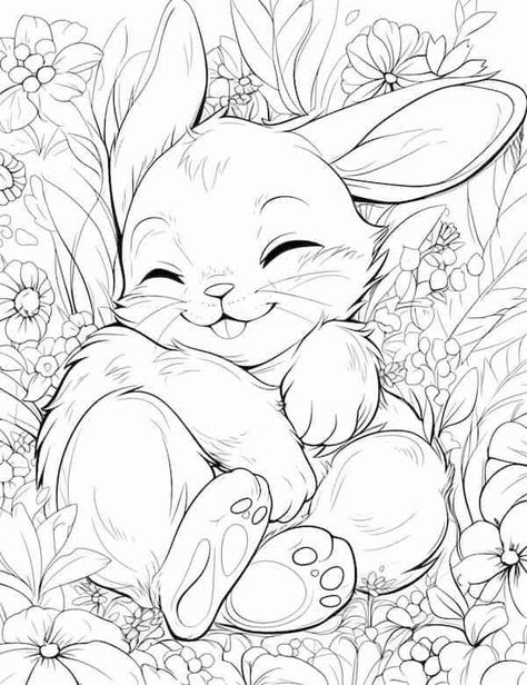 Cute bunny in the grass Image Zen, Easter Bunny Colouring, Easter Coloring Book, Farm Animal Coloring Pages, Adult Colouring Printables, Bunny Coloring Pages, Spring Coloring Pages, Adult Coloring Designs, Dinosaur Coloring Pages