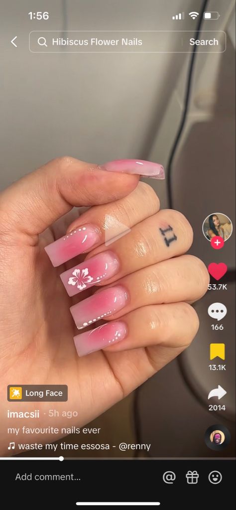 Pink Nails Acrylic With Flowers, Light Pink Tropical Nails, Acrylic Nails Hawaiian Flowers, Holiday Flower Nails, Hibiscus Flower Nail Designs, Pink Nails With Hawaiian Flower, Hibiscus Flower Nails 2000s, Square French Tip Acrylic Nails Summer, Nail Ideas Tropical