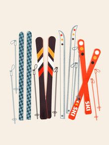 Ski Drawing Illustration, Skis Illustration, Ski Graphic Design, Skiing Watercolor, Skiing Drawing, Retro Ski Poster, Vintage Skiing Aesthetic, Ski Designs, Skiing Illustration