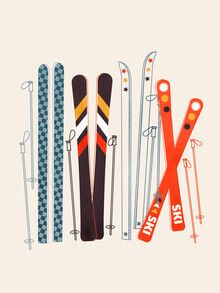 Wall Art Skiing, Ski Drawing Illustration, Skis Illustration, Ski Graphic Design, Ski Wreath, Skiing Drawing, Retro Ski Poster, Vintage Skiing Aesthetic, Ski Designs