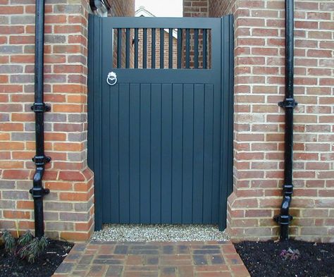 Painted solid gate with spindle top section Wooden Door Exterior, Painted Gates, Wooden Garden Gates, Pedestrian Gate, Wooden Garden Gate, Backyard Gates, Exterior Garden, Garden Gates And Fencing, Garden Gate Design