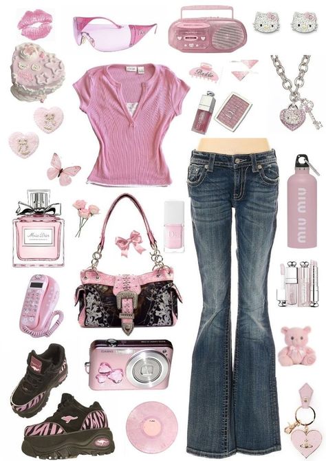 Cringe 2000s Fashion, Hot Pink Outfit Y2k, Trashy Style Outfits, Subtle Gyaru Outfits, Y2k Stores To Shop At, Early 200s Outfit, Mcbling Skirt Outfit, Mysterious Aesthetic Outfit, Bratz Y2k Outfits