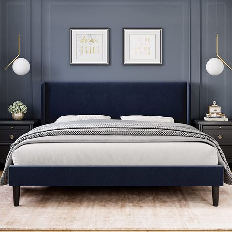 Blue Tone on tone bedroom aesthetic featuring Assile upholstered bed frame Blue Velvet Headboard Bedroom, Navy Blue Headboard, Navy Headboard, Blue Upholstered Bed, Dark Blue Bedroom Walls, Bed With Upholstered Headboard, Velvet Platform Bed, Navy Blue Bedrooms, Blue Headboard