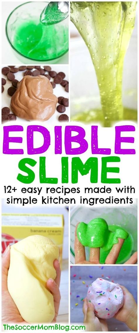 A huge collection of edible slime recipes for kids -- made with safe, non-toxic ingredients found at home. How to make slime WITHOUT borax, starch or glue. via @https://www.pinterest.com/soccermomblog Safe Slime Recipe, Make Slime For Kids, Edible Slime Recipe, Slime Ingredients, Edible Slime, Homemade Playdough Recipe, Slime Recipes, Diy Edible, Slime For Kids