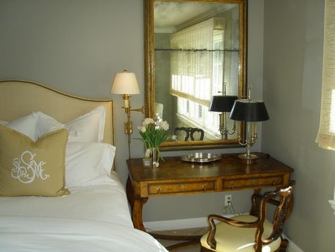 traditional bedroom by Kathleen Burke Design - love that writing desk turned bedside stand.  Nice mirror also. Mirror Behind Nightstand, Traditional Bedrooms, Traditional Bedroom Design, Nightstand Design, Basement Guest Rooms, Bedroom Traditional, New Bedroom Design, Gold Bedroom, Traditional Bedroom Decor