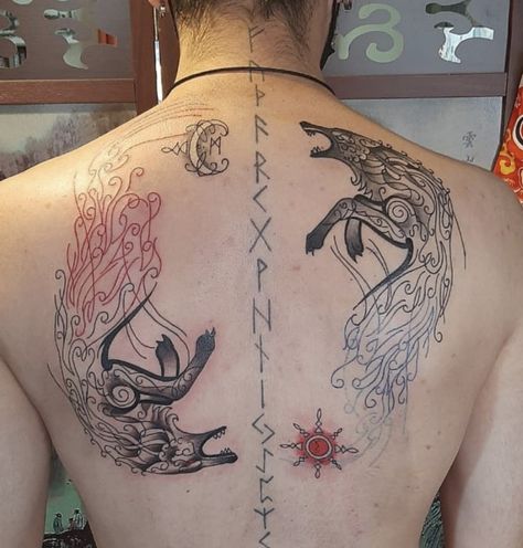 Nordic Wolf Tattoo Sleeve, Viking Lower Back Tattoo, Skoll Hati Tattoo Design, Tatoos Viking Nordic, 9 Realms Norse Tattoo, Skoll Hati Art, Nordic Leg Tattoo, Skol And Hati Norse Tattoo, Norse Chest Tattoo