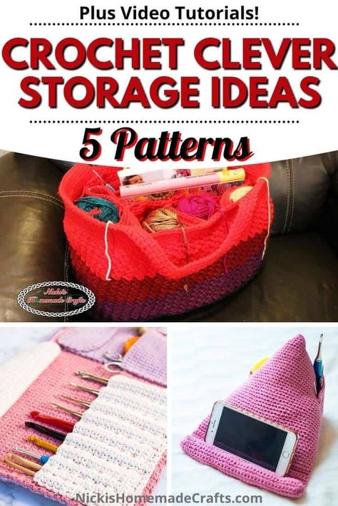 Crochet Tool Organizer, Crochet Caddy Free Pattern, Crochet Organizer Storage Ideas, Crochet Storage Ideas, Crochet Storage Pattern, Yarn Storage Ideas Small Spaces, Yarn Holder For Crocheting, Crochet Hook Holder Pattern, Storage Ideas Small Spaces