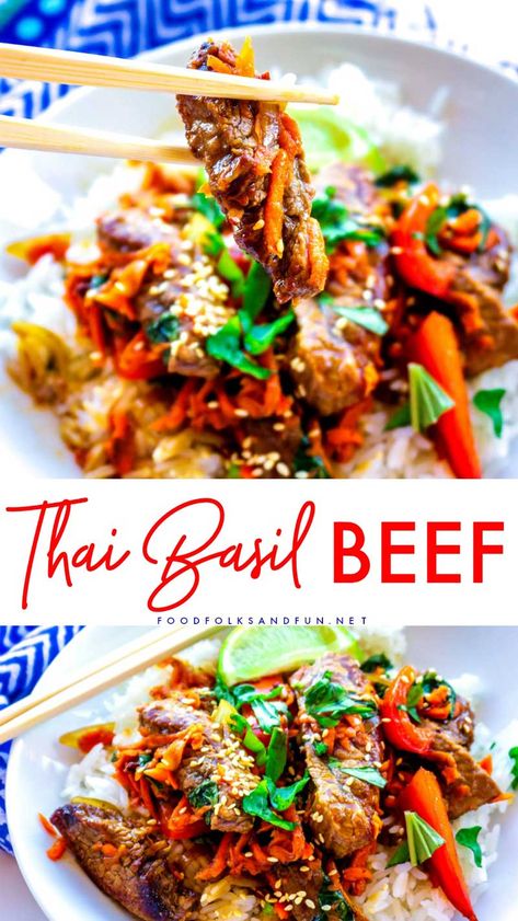 Thai Basil Beef Recipe, Basil Beef, Thai Basil Beef, Easy Thai Recipes, Thai Beef, Flank Steak Recipes, Thai Sauce, Pad Thai Recipe, Basil Recipes