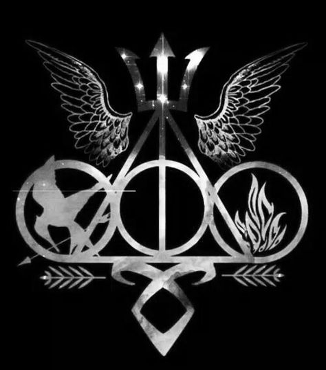 Harry Potter, Hunger Games, Divergent. Percy Jackson, The Mortal Instruments, Maximum Ride Fandom Symbols, Hunger Games Wallpaper, Maximum Ride, Bon Film, Fandom Crossover, Kane Chronicles, To Infinity And Beyond, Plot Twist, Shadow Hunters