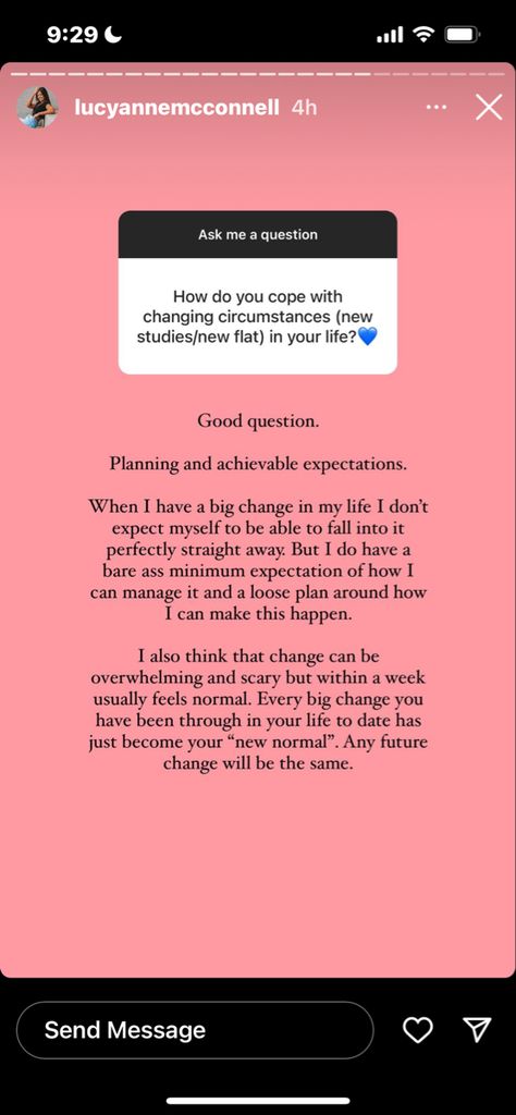 How do you cope with changing circumstances (new studies/new flat) in your life? Good question. Planning and achievable expectations. When I have a big change in my life I don't expect myself to be able to fall into it perfectly straight away. But I do have a bare ass minimum expectation of how can manage it and a loose plan around how I can make this happen. I also think that change can be overwhelming and scary but within a week usually feels normal. Every big change you have been through in y How Can I Change Myself, Change Myself, Billionaires Club, New Flat, Dont Expect, Don't Expect, Interesting Questions, Change Me, Life I