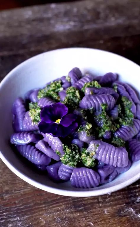 Purple Potato Gnocchi Recipe, Purple Pasta Recipe, Blue Potatoes Recipe, Mashed Purple Potatoes, Elaborate Dinner Recipes, Purple Appetizers Parties, Ube Gnocchi, Purple Sweet Potato Gnocchi, Blue Savory Food