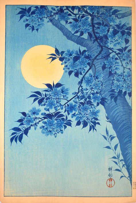 Shoson (1877-1945), Cherry Blossom and Full Moon, 1932 Plakat Design Inspiration, Boom Kunst, Japanese Tree, Moonlit Sky, Moonlit Night, Flower Canvas Wall Art, Ohara Koson, Blue Poster, Art Japonais