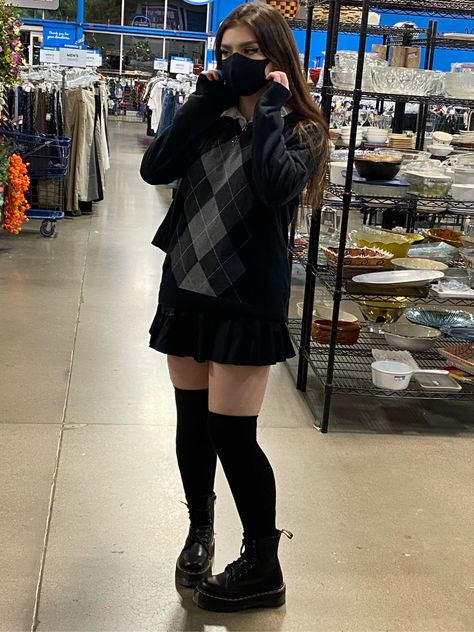 argyle print sweater, black pleated skirt, thigh high socks & doc marten jadons. Black High Socks Outfit, Argyle Socks Outfit, Layered Socks Outfit, Pleated Skirt Black Outfit, Pleated Skirt Outfit Grunge, How To Style Knee High Socks, Skirt And Docs Outfit, Sweater And Thigh High Socks, Skirt And Socks Outfit