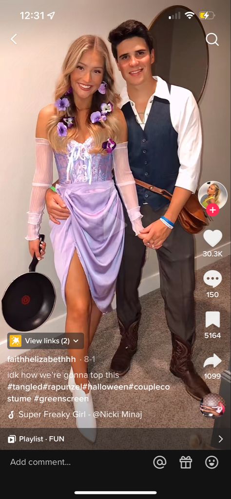 Tangles Halloween Costume, Couples Halloween Costume Rapunzel, Eugene And Rapunzel Costume, Hot Rapunzel Costume, Rapunzel Halloween Costume Women, Tangled Halloween Costume Couple, Rapunzel Couple Costume, Rapunzel Costume Women, Rapunzel Inspired Outfit