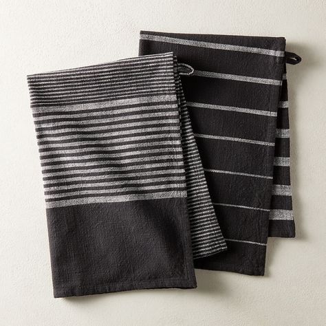 All Kitchen Storage & Tools | CB2 Kitchen Linens Dish Towels, Black And White Kitchen Decor, Kitchen Runners, White Kitchen Towels, Cafe Black, Black Dinnerware, Striped Bath Towels, White Hand Towels, Blue Dinnerware