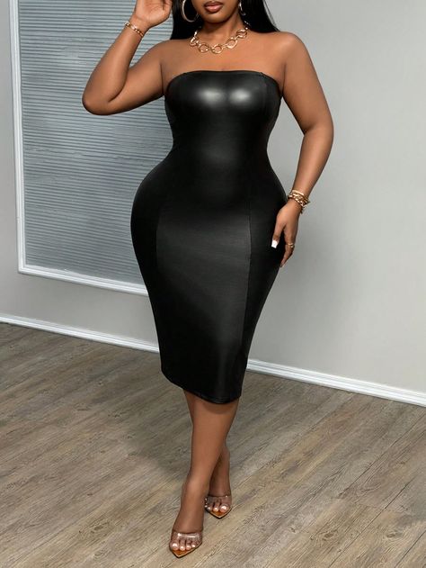 Negro Casual Collar sin mangas Poliuretano Liso Apretado Embellished Elástico Ligero Plus Size Dresses, Leather Midi Dress, Black Midi Dress, Tube Top, Plus Clothing, Dress P, Length Sleeve, Pu Leather, Midi Dress