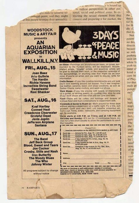 Newspaper ad for the festival. Hippies, Woodstock 1969 Poster, Woodstock Theme, Woodstock Photos, Woodstock Music, Magazine Advert, Woodstock 1969, Woodstock Festival, Rock Festival