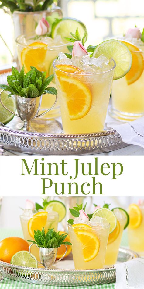 Kentucky Themed Party, Derby Party Drinks, Derby Drinks Kentucky, Derby Brunch Party Ideas, Big Batch Mint Julep, Large Batch Mint Julep Recipe, Kentucky Derby Punch Recipes, Large Party Appetizers Easy, Derby De Mayo Party Ideas