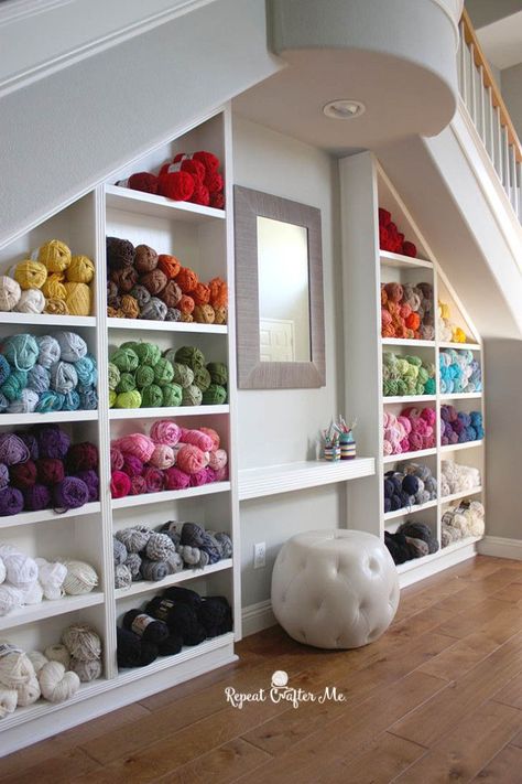 Yarn Stash Storage - Repeat Crafter Me Yarn Storage Solutions, Knitting Room, Yarn Organization, Dream Craft Room, Craft Room Design, Yarn Storage, Yarn Stash, Office Crafts, Craft Room Storage