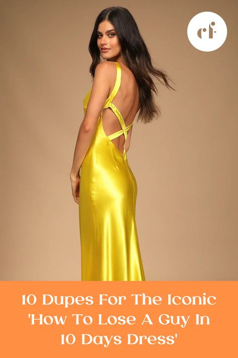 Andie Anderson Dress, Yellow Satin Gown, Andy Anderson Yellow Dress, Andi Anderson Yellow Dress, Andie Anderson Yellow Dress, Yellow Satin Dress Outfit, Andie Anderson Outfits, Kate Hudson Yellow Dress, Satin Midi Dress Outfit