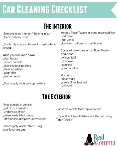 Ready to Spring clean your vehicle?  We've got a checklist that can help.    Printable list on the blog ==> https://realmomma.com/putting-royale-tiger-towel-to-the-spring-cleaning-test/ Deep Cleaning Car, Car Care Checklist, Diy Car Cleaning, Car Checklist, Ceramic Pro, Car Life Hacks, Car Wash Business, Deep Cleaning Checklist, Automotive Detailing