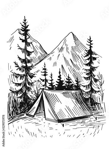 Stock Image: Tourist tent in the mountains, lake and trees. Nature landscape illustration. Background for travel designs. Hand drawn vector sketch on transparent background Forest And Mountains Drawing, People Camping Illustration, Camping Sketch Drawings, Camping Drawing Ideas, Tent Camping Drawing, Camping Tent Drawing, Camp Sketch, Tent Doodle, Tent Sketch