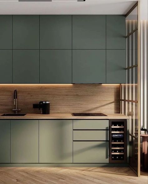 40+ Green Kitchen Ideas For a Fresh Makeover Green Kitchen Walls, Green Kitchen Designs, Green Kitchen Cabinets, Modern Kitchen Cabinet Design, Kitchen Design Modern Small, Modern Kitchen Interiors, Kitchen Interior Design Decor, Appartement Design, Kitchen Design Plans