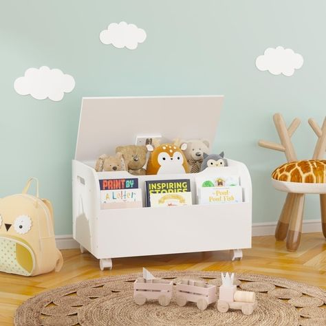 Wooden Toy Box with 4 Universal Wheels,Front Bookshelf, Flip-Top Lid - Bed Bath & Beyond - 39863475 Girls Toy Chest, Toy Chest Bench, Wooden Toy Boxes, Kids Toy Organization, Toys Art, Toy Storage Organization, Kid Toy Storage, Bookshelves Kids, Mesa Exterior