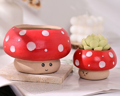 Cute Mushroom Planter with FaceSucculents Planter PotAir Plant HolderPottery Planter VaseGift for Plants Lover 🌈Light up your home with cute ceramic planter🌸Mushroom PlanterHandmade ceramic planterUnique mushroom shape planterBoho/Cute/Kawaii style plant potWith drainage holePerfect for succulent,cactus,air plantA great addition to your home decorPlace them on windowsill or tables of your bedroomliving room and officeUnique birthday/holiday gift for your f Clay Plant Pots Diy, Ceramic Plant Holder, Cute Clay Pots, Clay Plant Pots Handmade, Air Dry Clay Plant Pot, Cute Pots For Plants, Plant Pot Pottery, Plant Pot Ideas, Diy Plant Pot