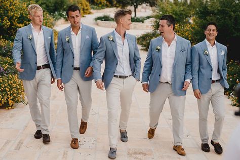 Mens Simple Wedding Attire, Tan Pants Blue Blazer Men, Groomsmen No Tie With Jacket, Groomsmen Attire 2023, Blue Mens Wedding Suits, Wedding Suits Men Beach, Beach Wedding Mens Shoes, Groomsmen Attire Groom Different, Best Groom Suits Weddings