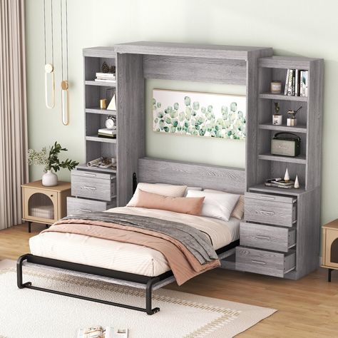 PRICES MAY VARY. ◈【Multiple Murphy Bed with Storage】There are multiple cabinets and drawers on both sides of the bed, providing you with ample storage space. Whether it is books, ornaments, clothes, or jewelry, they can all be placed in them. You can put different items in each of the four drawers, and by sorting them like this, you'll be sure you'll find out where you're looking for them in no time next time. ◈【Space-saving Design】This bed has a folding design that perfectly combines the bed an Twin Size Murphy Bed, Murphy Bed With Storage, Multipurpose Guest Room, Murphy Bed Frame, Full Size Murphy Bed, Full Murphy Bed, Utah House, Beds For Small Spaces, Shelves And Drawers