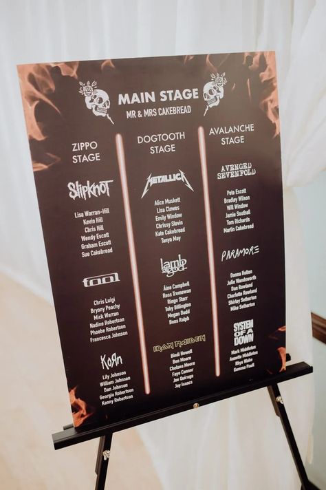 Table Plan Seating Chart Rock Roll Alternative Cheddon Fitzpaine Wedding Whoisbenjamin #wedding #tableplan Rock Music Wedding Theme, Rock Wedding Decorations, Band Table Names Wedding, Music Table Plan, Wedding Ideas Rock And Roll, Music Wedding Seating Chart, Rock And Roll Themed Wedding, Rock And Roll Wedding Decorations, Music Seating Chart