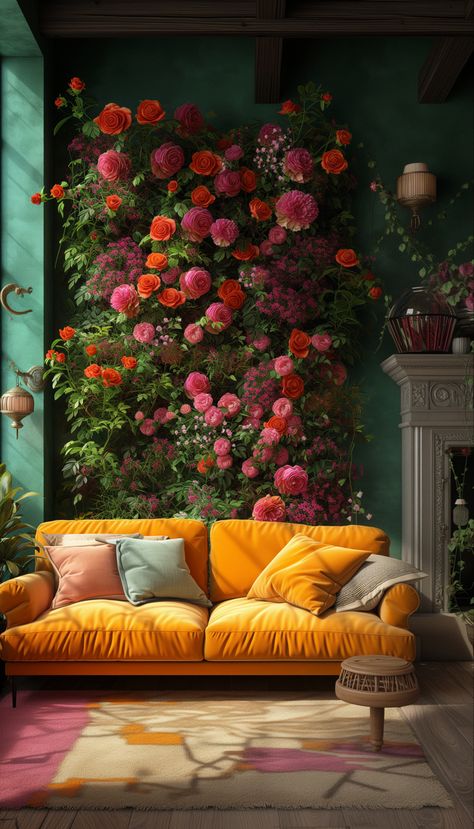 Floral wall green living wall interior design yellow couch Purple Yellow Living Room, Green Orange And Pink Living Room, Yellow Couch Green Wall, Art Deco Sofa Couch, Chartreuse Couch Living Room, Green And Pink Living Room Ideas, Green Maximalist Living Room, Yellow And Green Living Room, Pink And Yellow Living Room